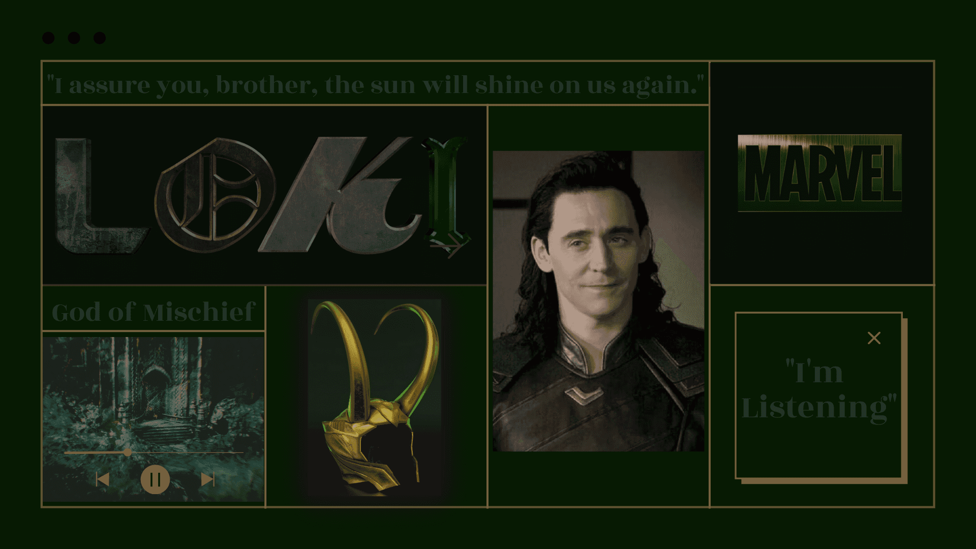 The notorious trickster Loki takes control of Asgard Background — A dark green digital wallpaper featuring Loki from Marvel with his helmet and quotes in a sleek grid layout.