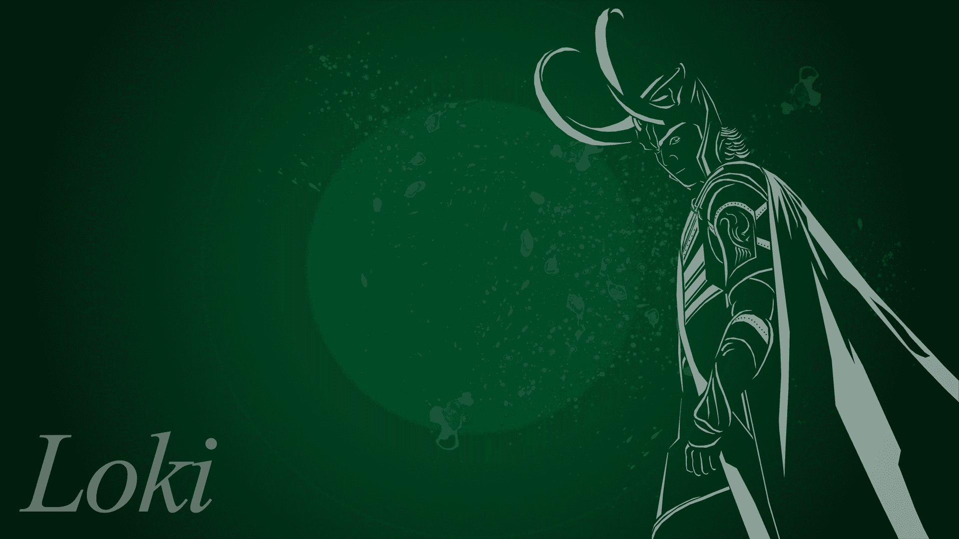 Loki from the Marvel Cinematic Universe Background — A stylized white line-art silhouette of Loki in armor and horned helmet stands against a textured dark green background.