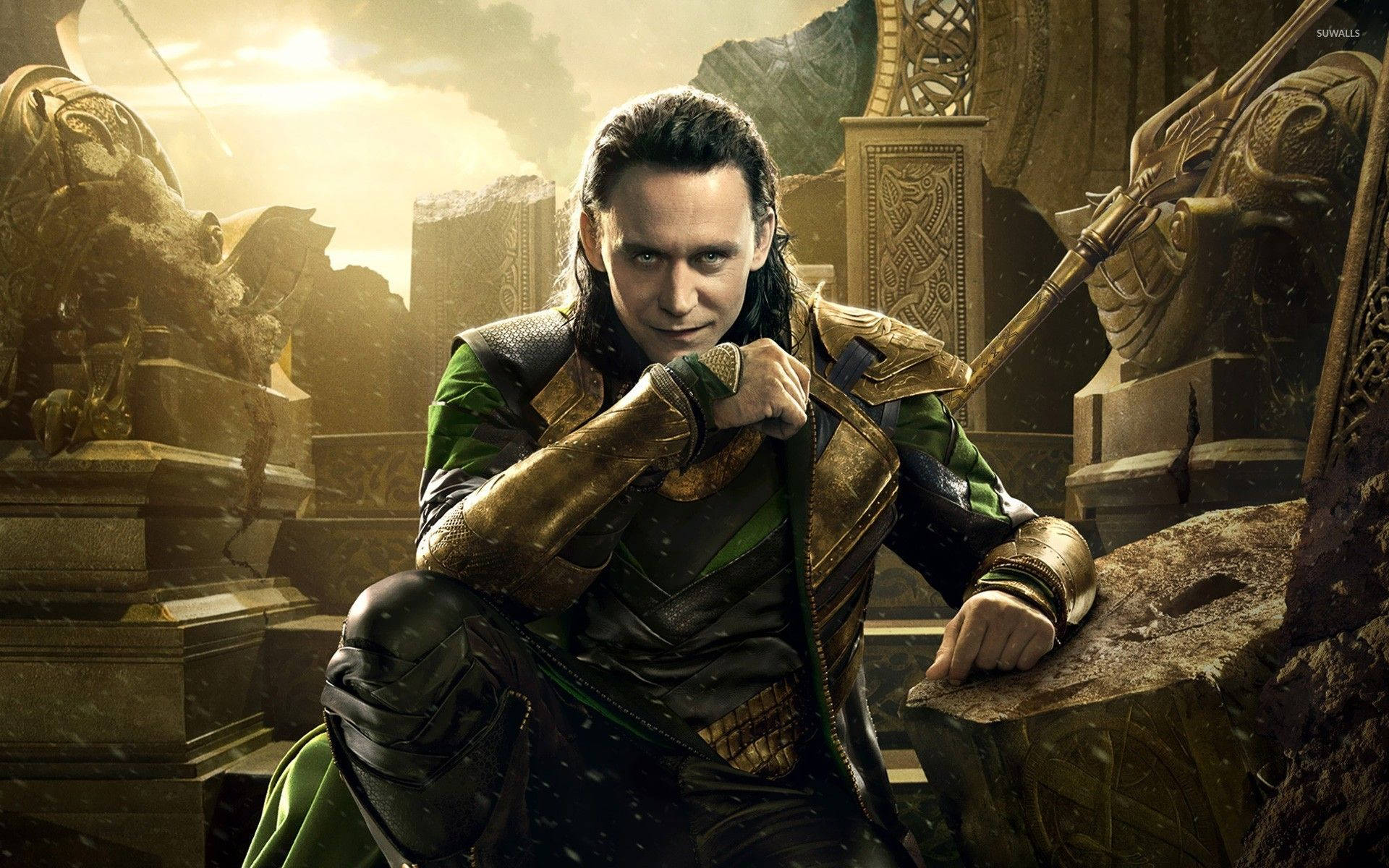 Loki sits atop a ruinous throne Wallpaper
