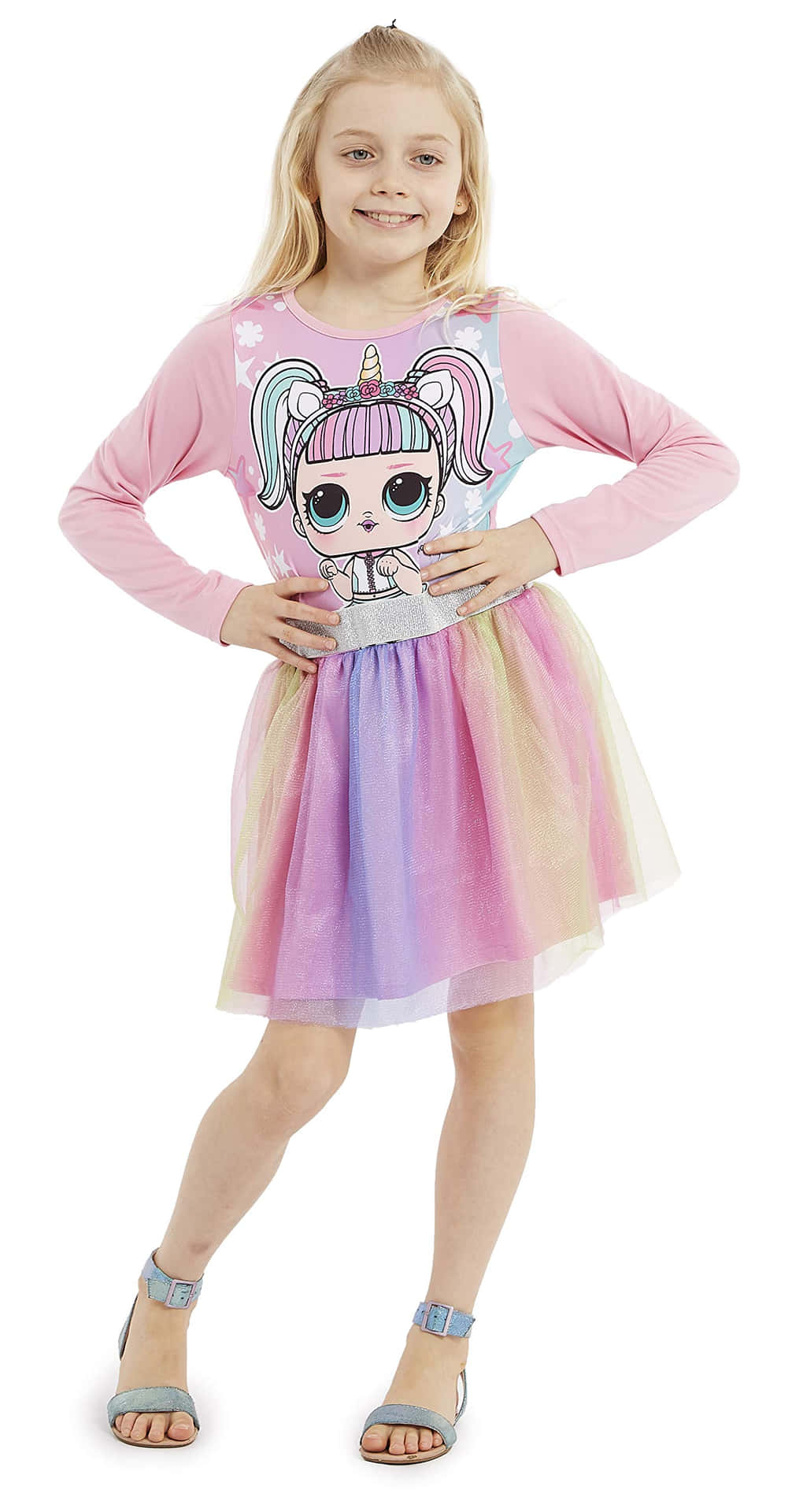 A Girl Wearing A Rainbow Tulle Dress With A Unicorn On It