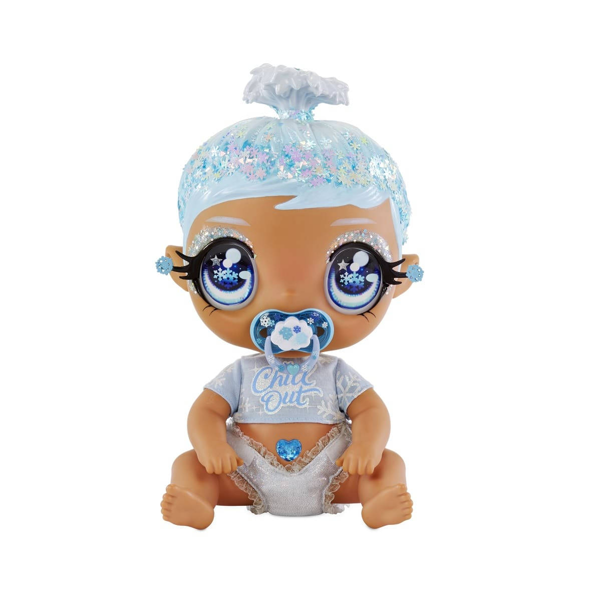 En babydukke med en suttebrik og blåt hår Wallpaper