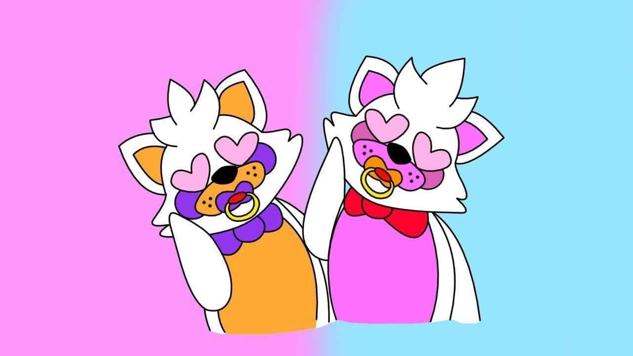 Zweicartoonkatzen Mit Herzen Auf Ihren Gesichtern Wallpaper
