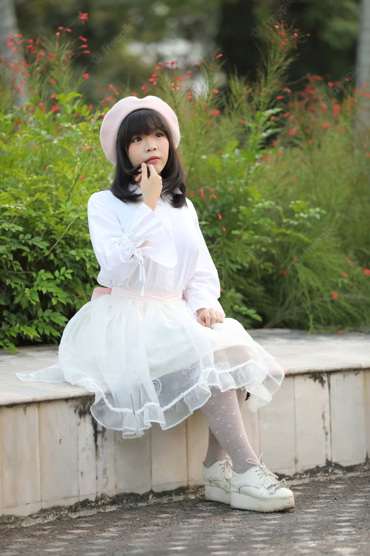 Elegant Lolita Fashionista with Beautiful Floral Accessories and Parasol Wallpaper