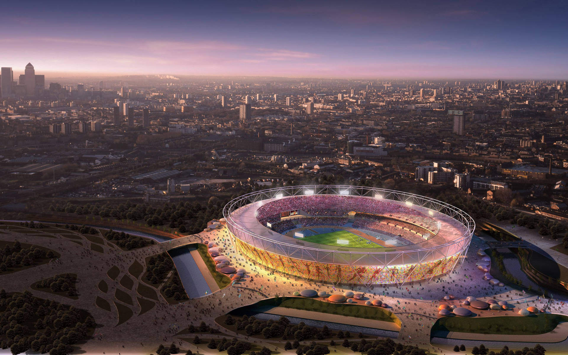 London Olympic Stadium at dawn in the midst of a modern city wallpaper.