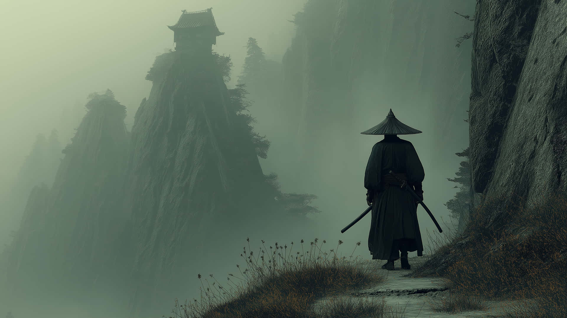 Lone Samurai In Misty Mountains: A Serene And Mysterious Scene Wallpaper