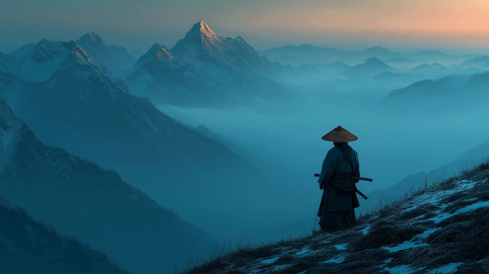 Lone Samurai In Misty Mountains: A Serene And Mysterious Scene Wallpaper