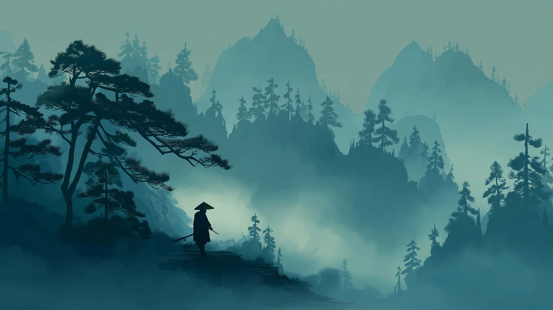 Lone Samurai In Misty Mountains: A Serene And Mysterious Scene Wallpaper