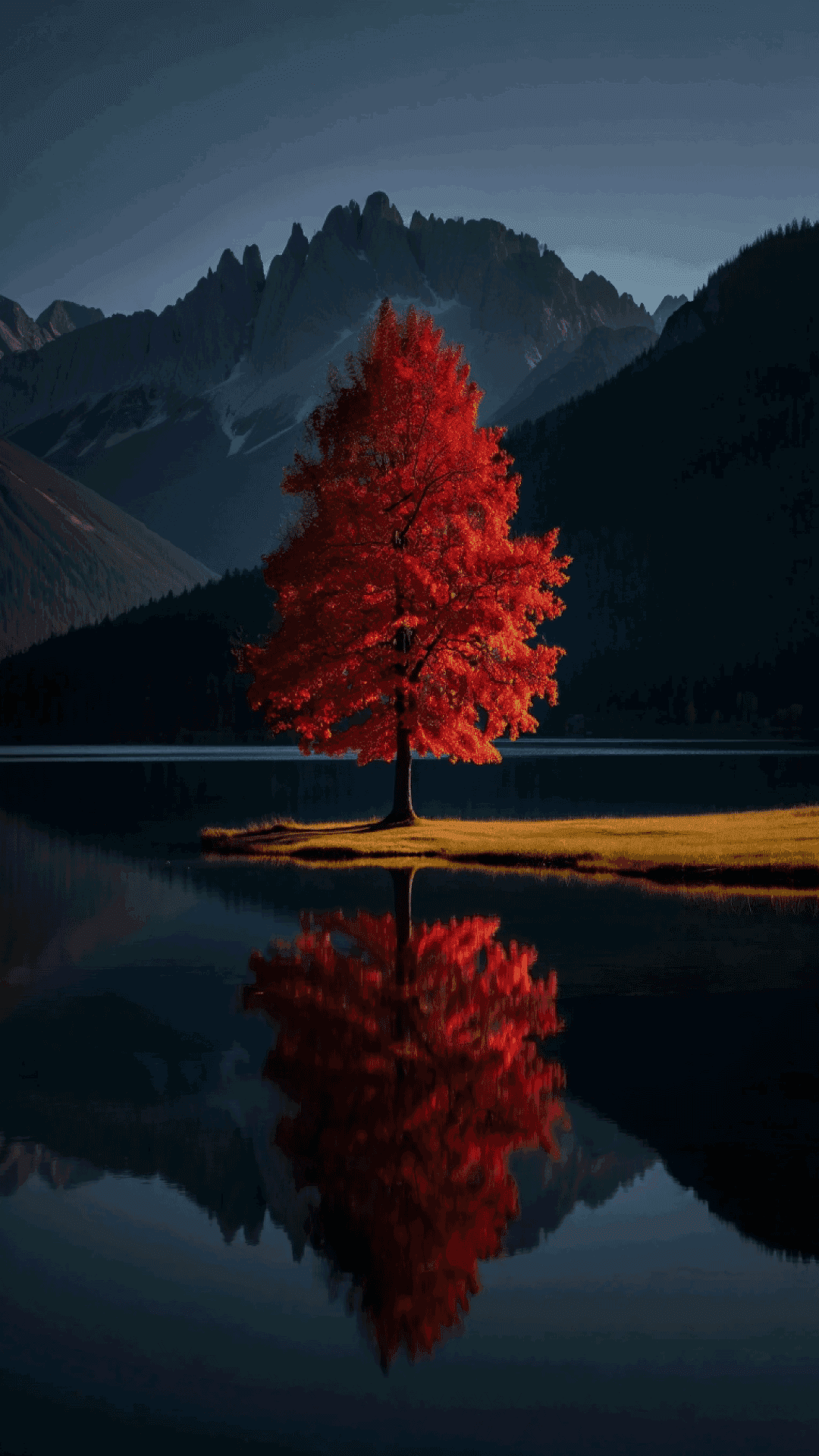 Lonely Red Maple Tree On Island With Mirror Lake And Mountains Wallpaper