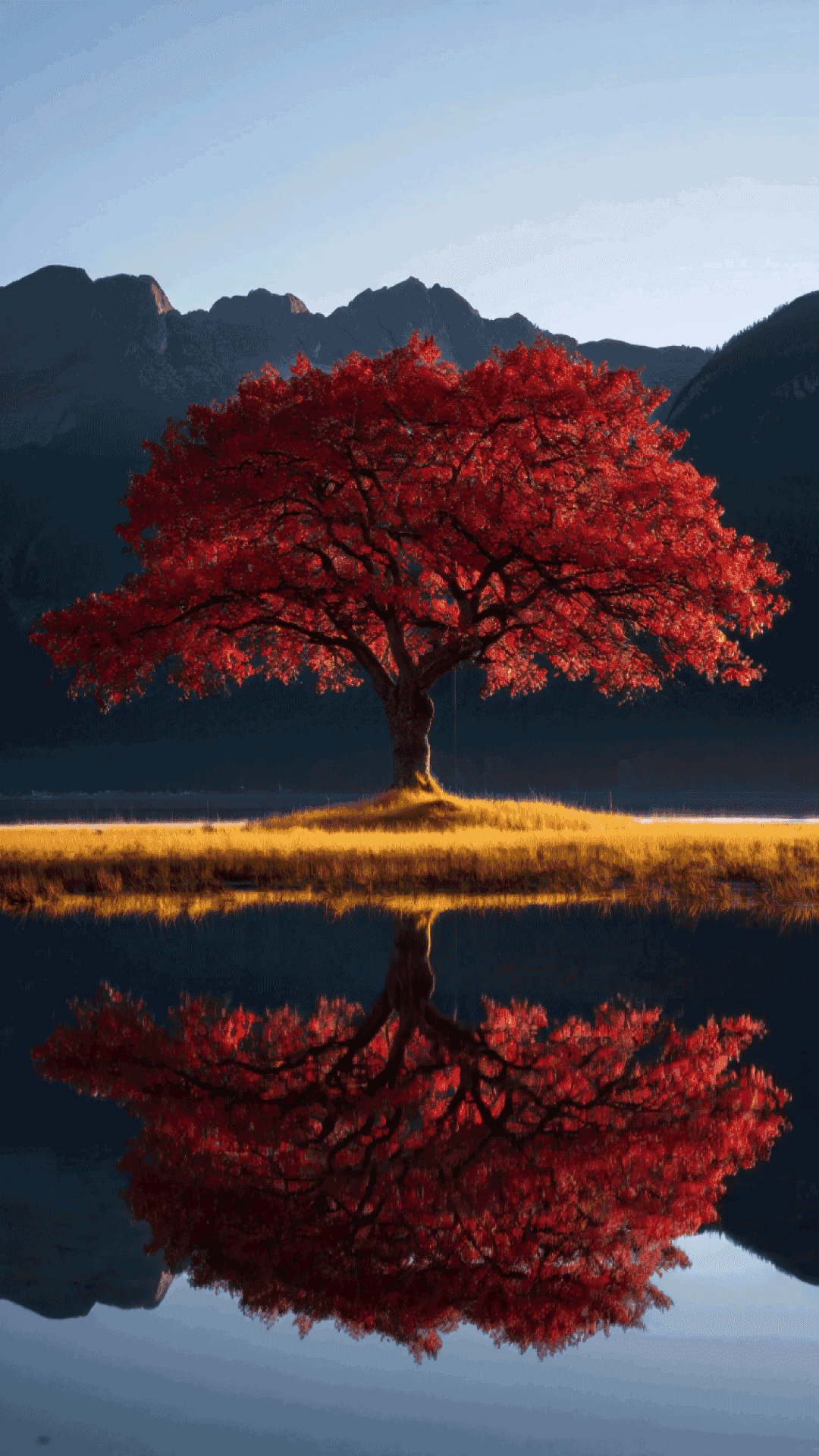 Lonely Red Maple Tree On Island With Mirror Lake And Mountains Wallpaper