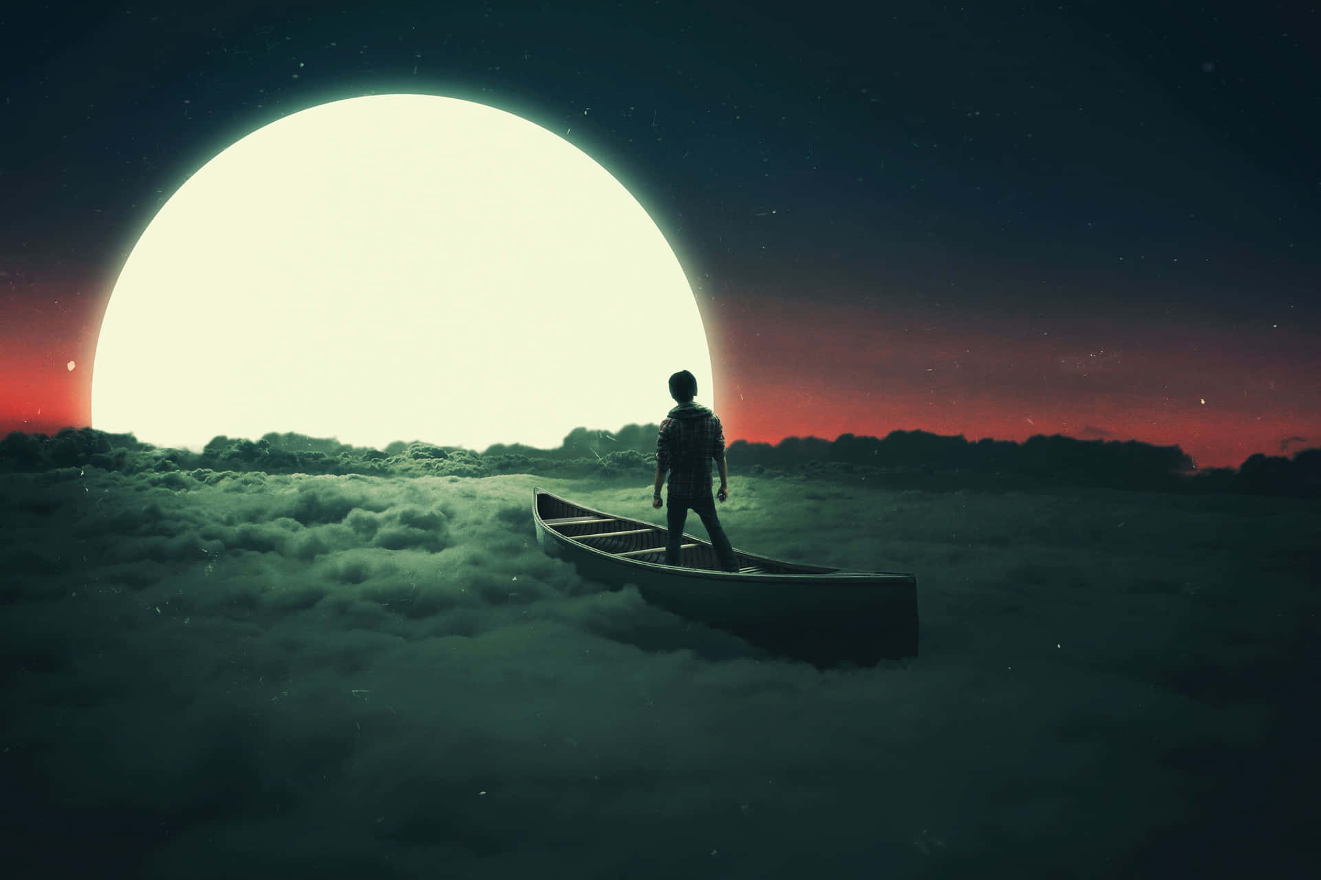 Loners på båd med måne i baggrunden Wallpaper