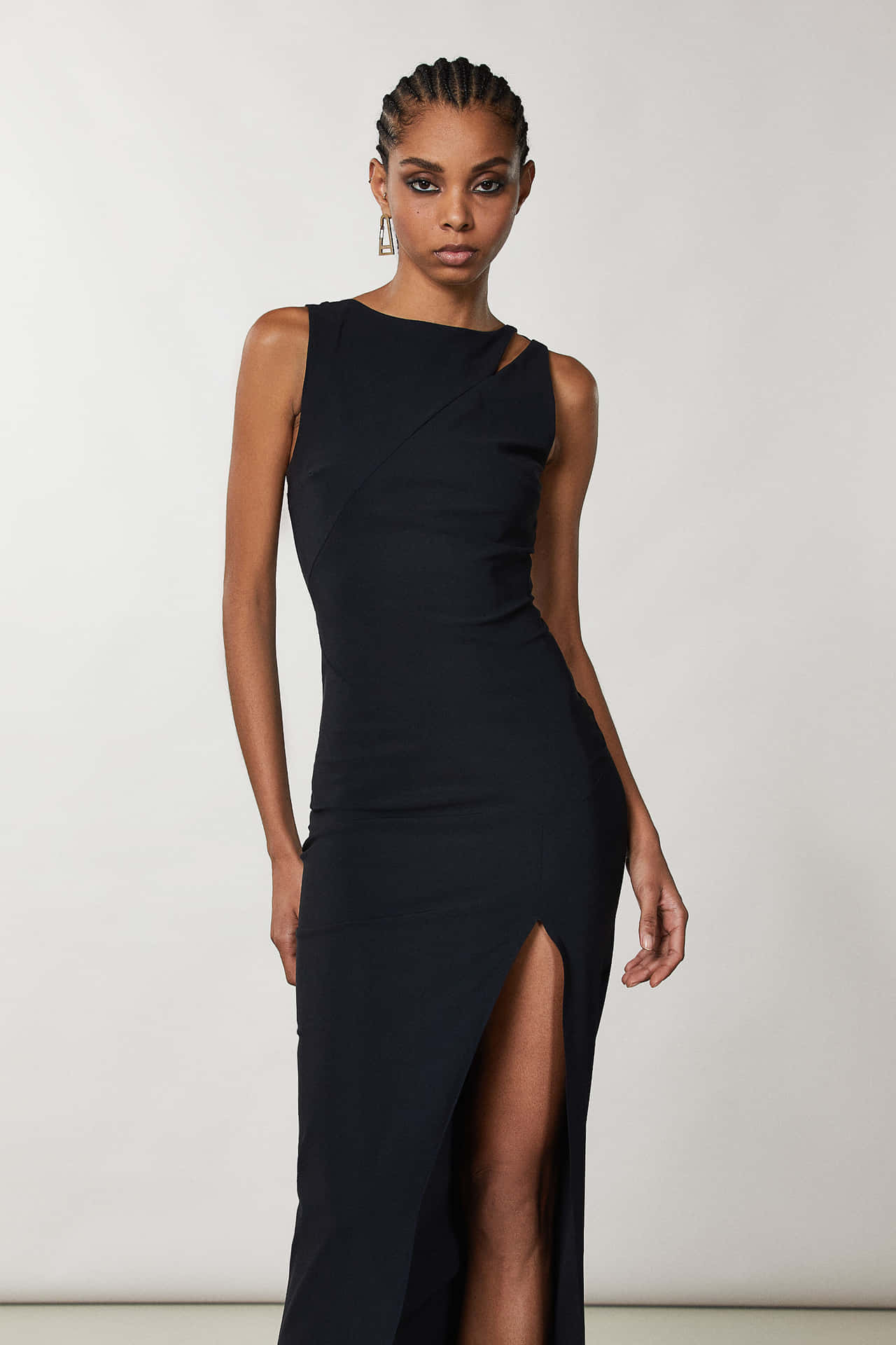 Model In Black Long Dress With A Slit Picture