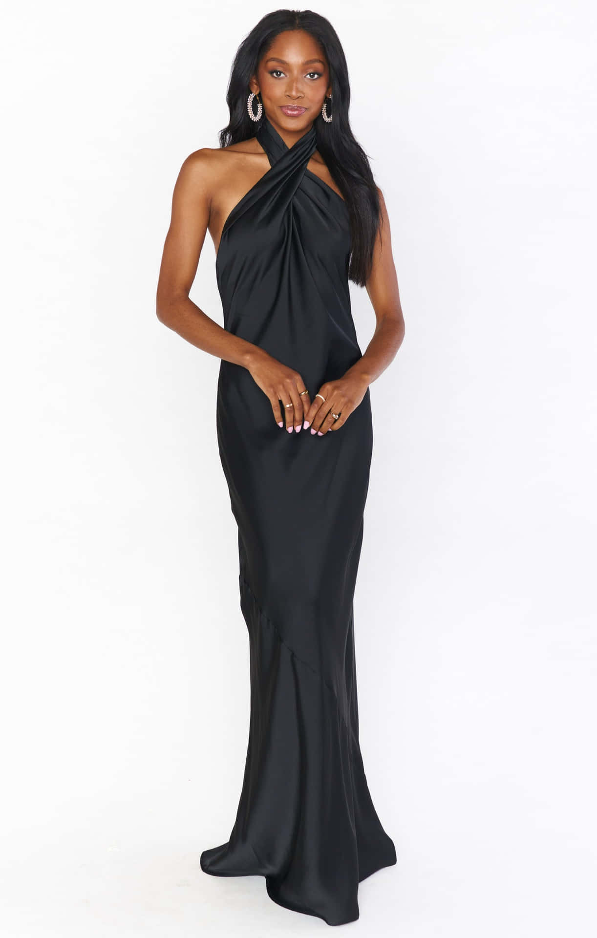 Woman In Black Satin Long Dress Picture