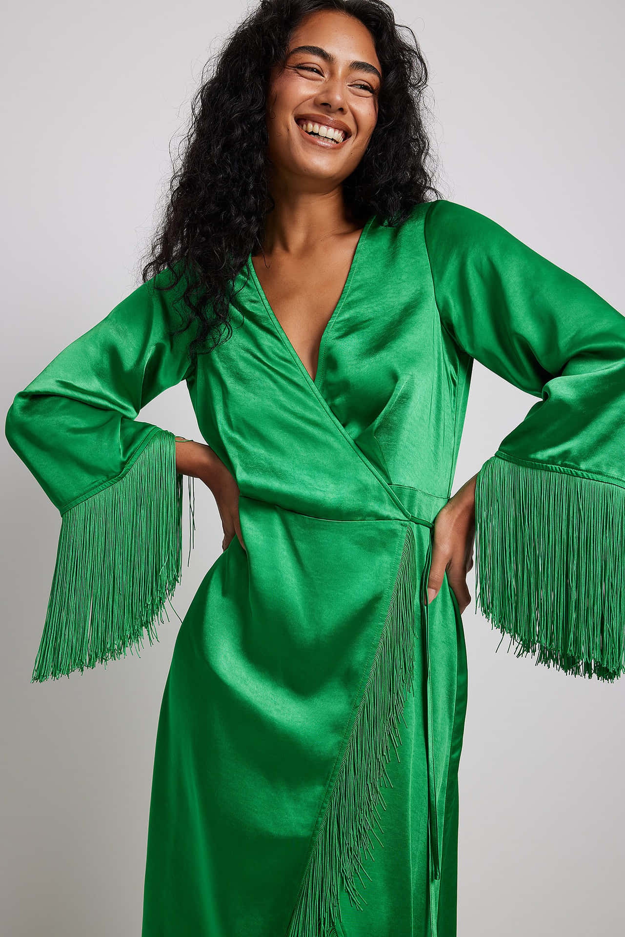 Model In Satin Green Wrap Long Dress Picture