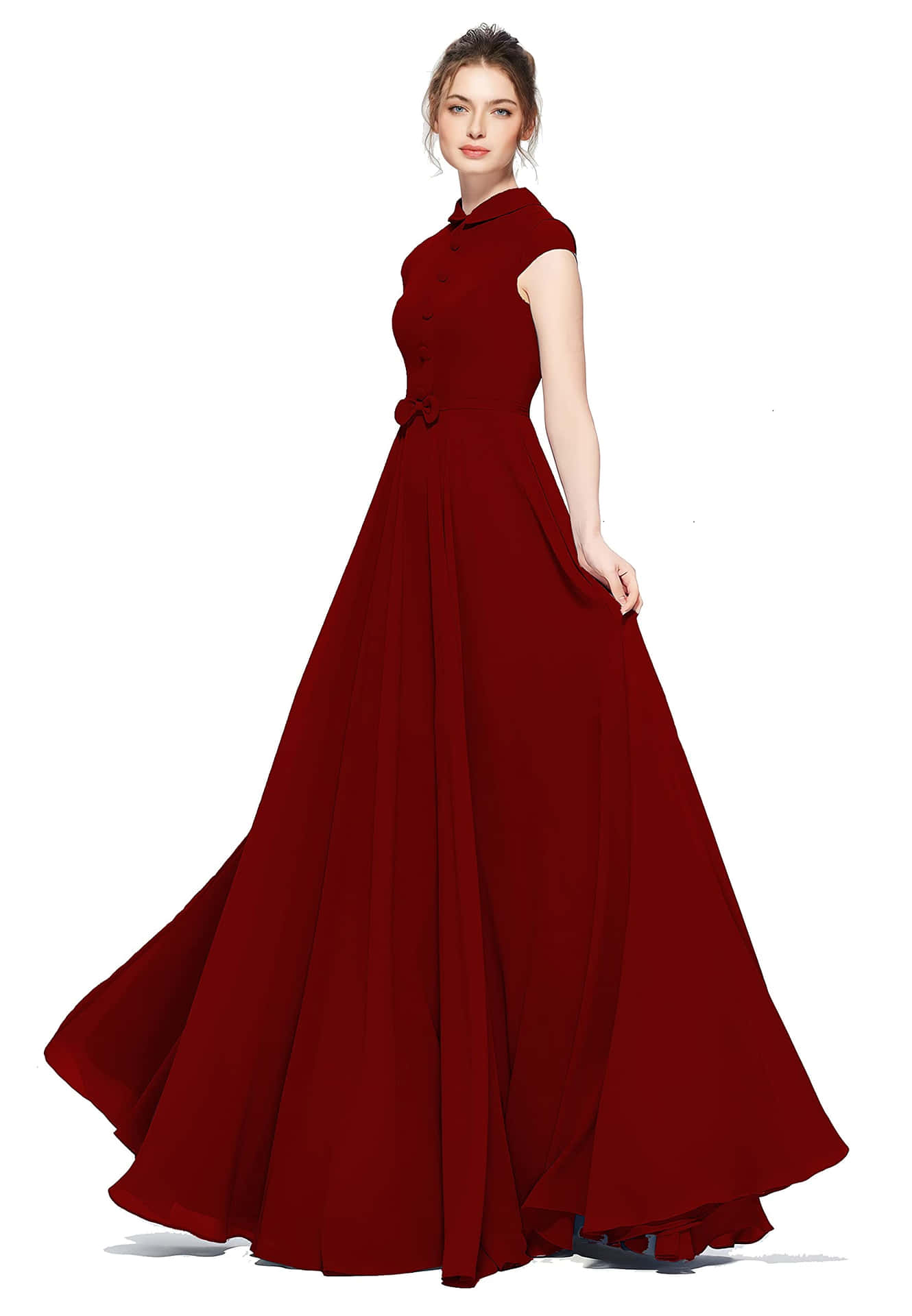 Splendidafoto Di Una Signora In Un Elegante Lungo Abito Rosso