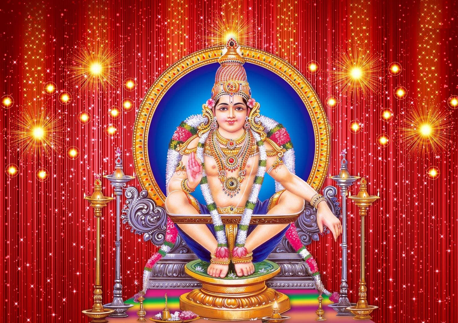 Glowing Visage of Lord Ayyappa with Vivid Fireworks Wallpaper