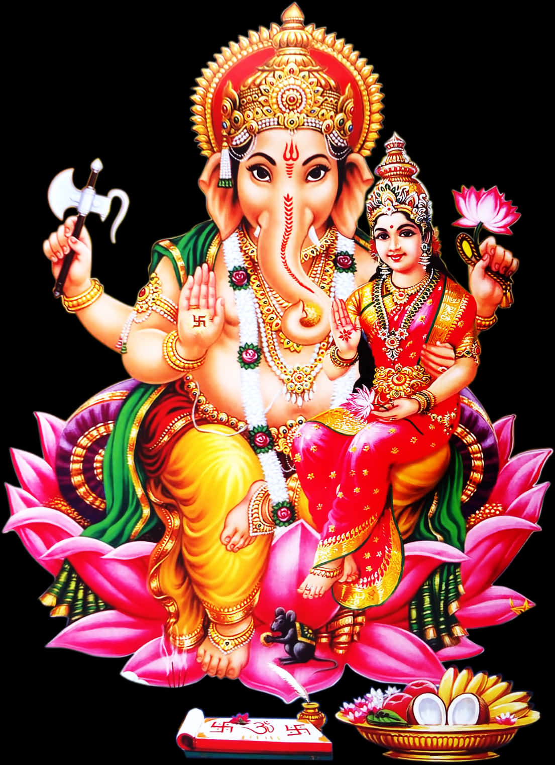 Lord Ganeshand Goddess Lakshmion Lotus PNG