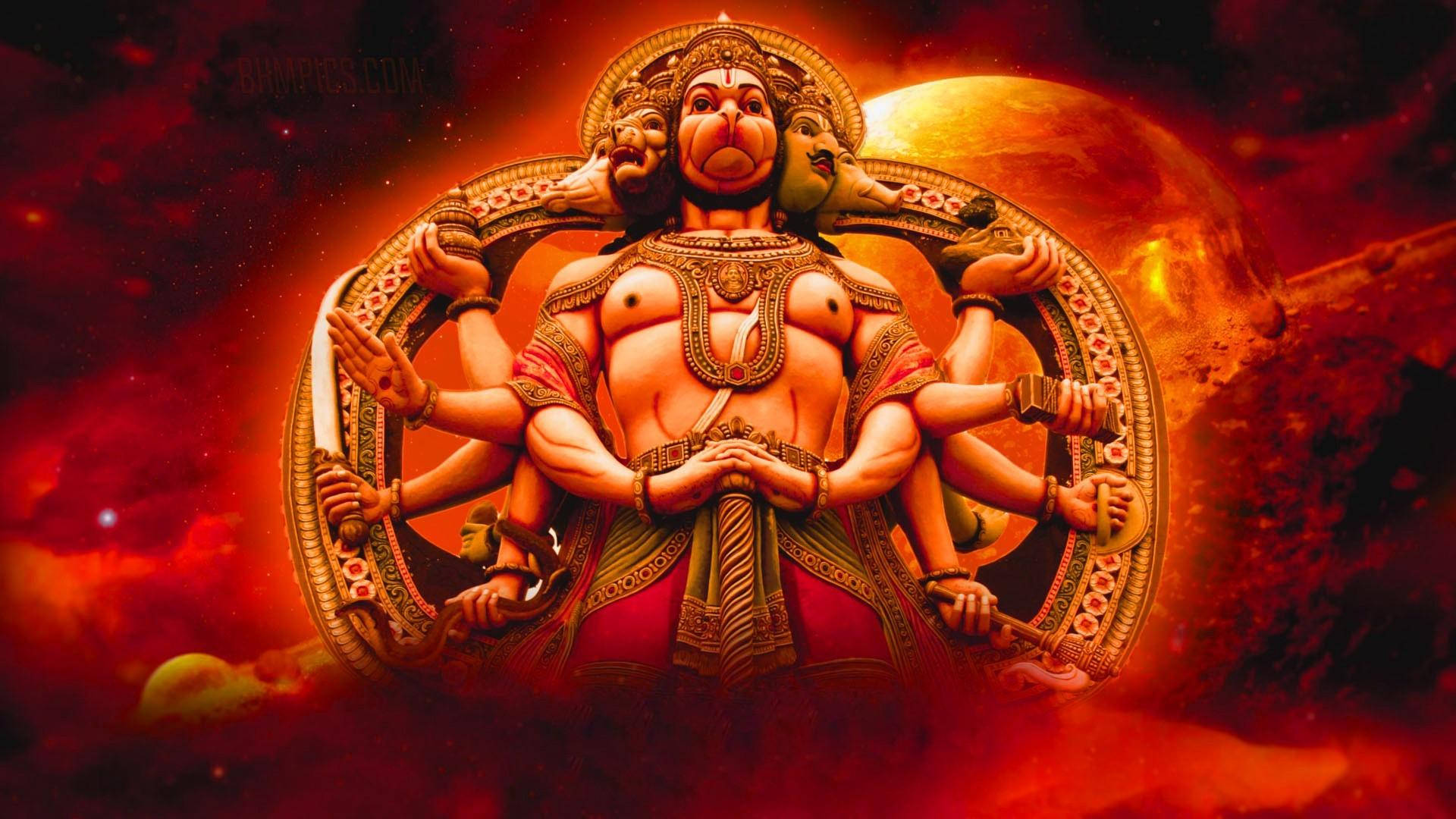 Lord Hanuman Hd Three Faces And Multiple Arms Wallpaper