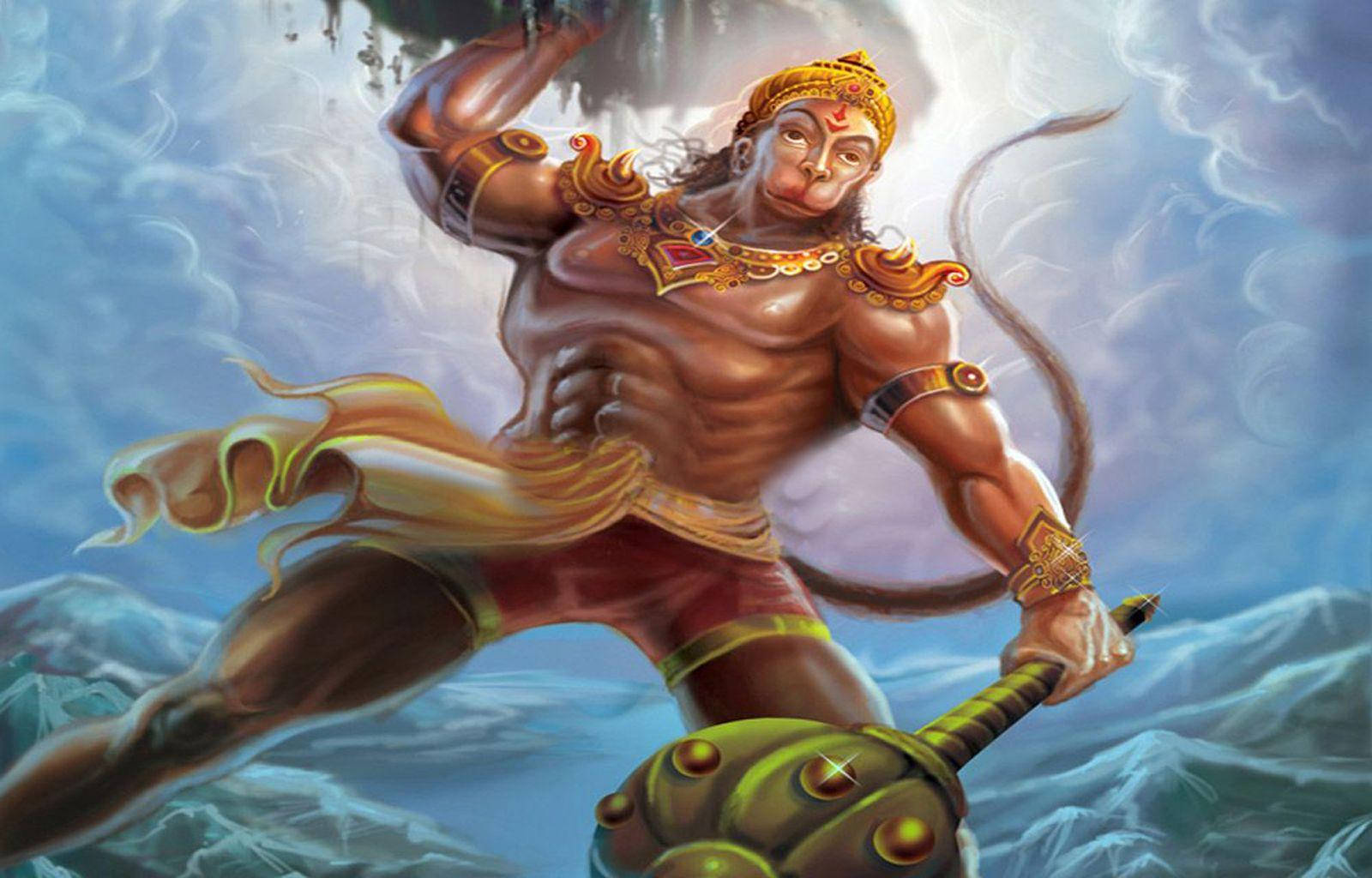 Lord Hanuman Holding Gada And Mountain Wallpaper