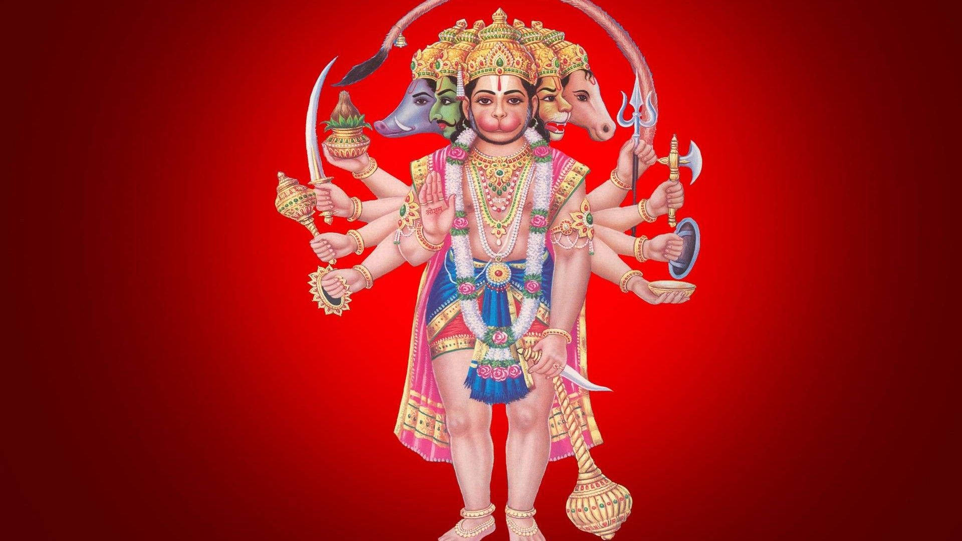 Herre Hanuman mange ansigter på rød HD tapet Wallpaper