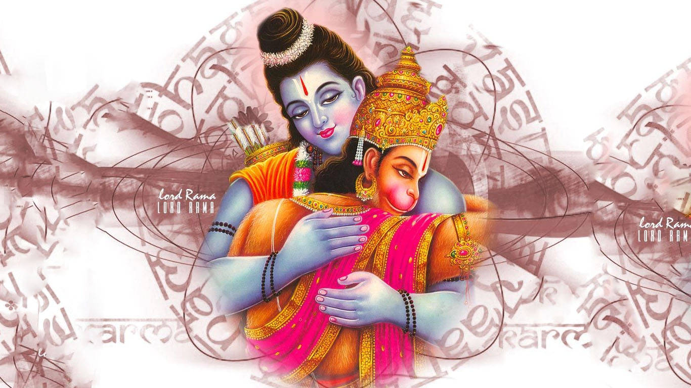 Lord Hanuman Rama Hugging On Abstract Pattern Hd Wallpaper