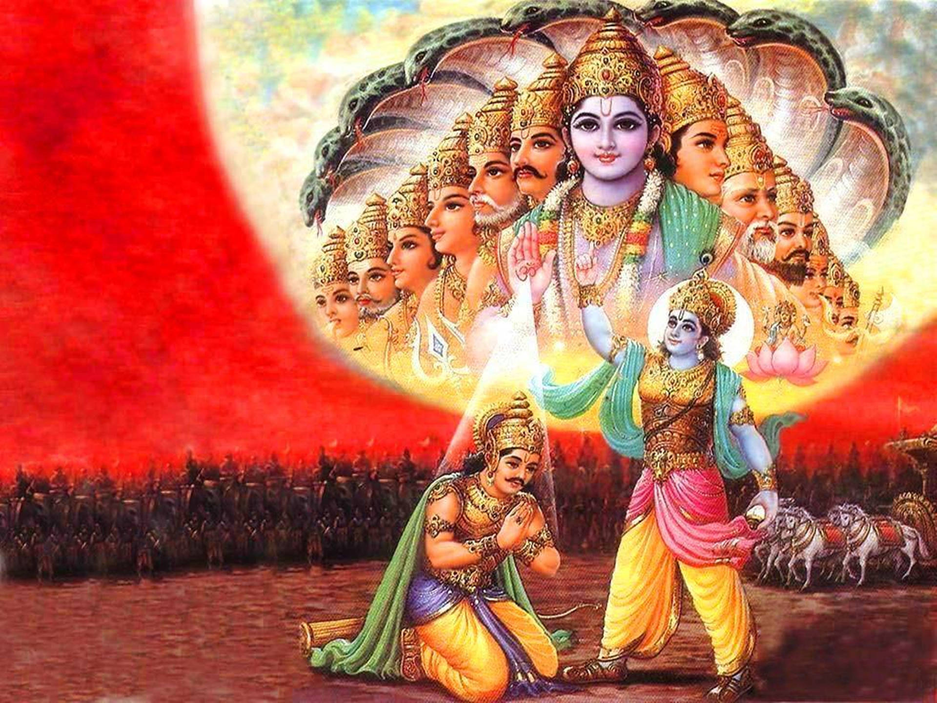 Herre Krishna 4K og Arjuna Mahabharata krigsscenet tapet. Wallpaper