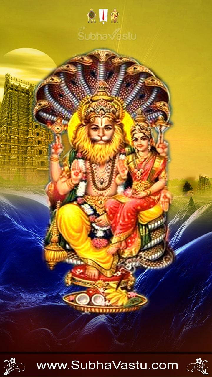 Lord Narasimha Blue And Yellow Background