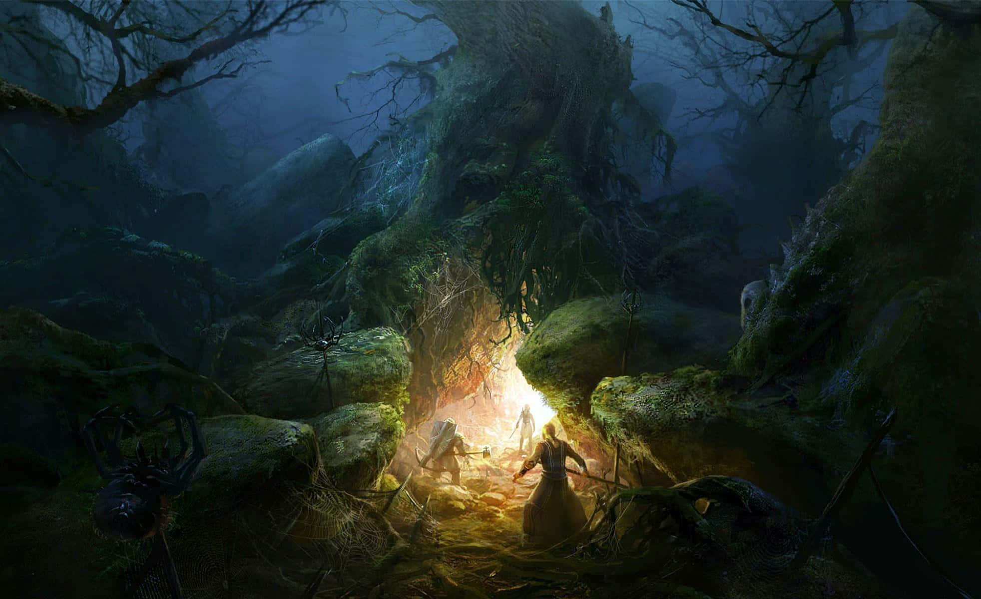 A Man Is Standing In A Dark Forest