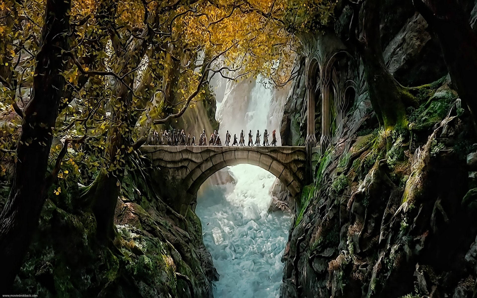 Lord Of The Rings Landscape Crossing The Bridge Wallpaper