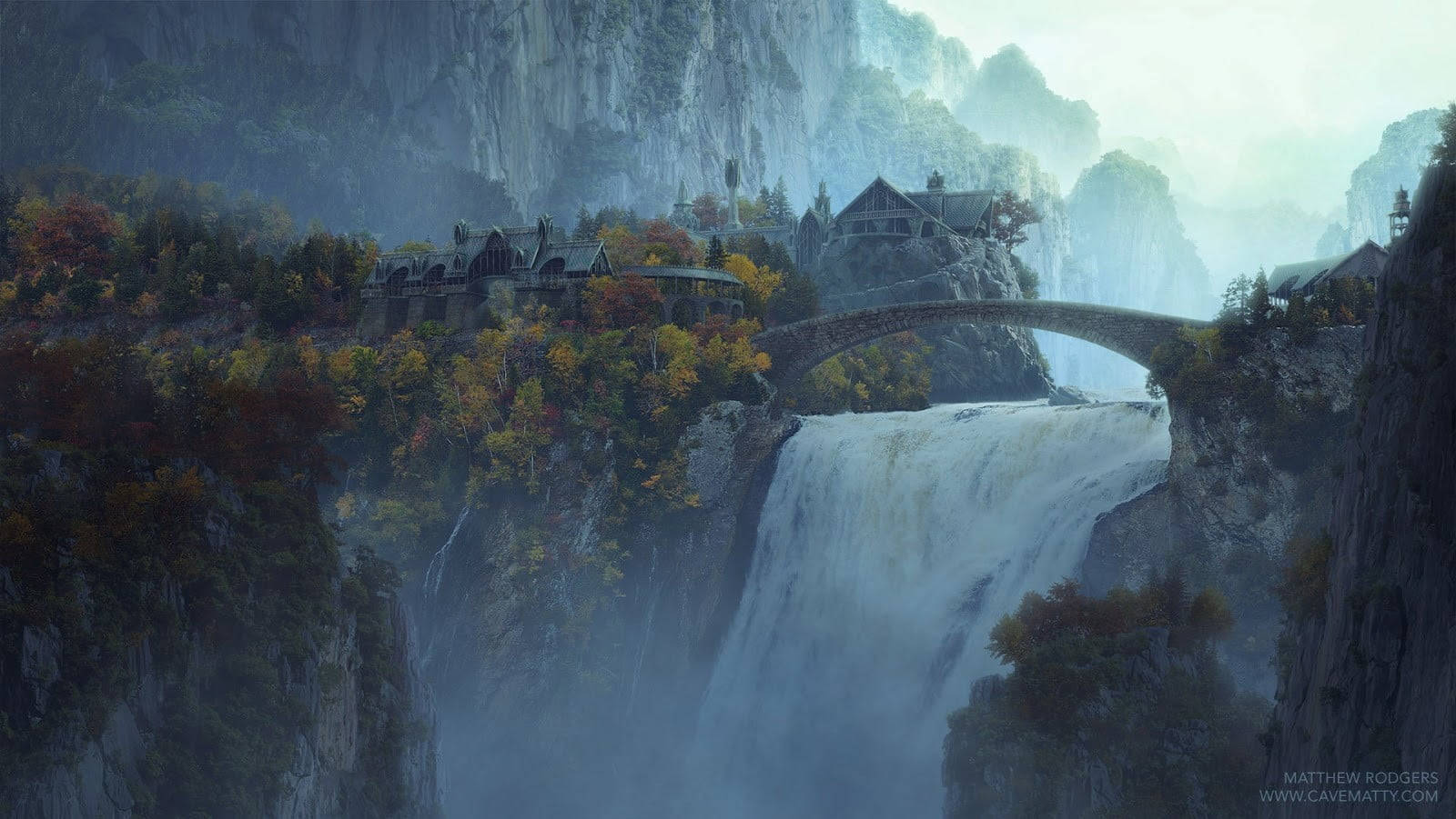 Majestic Landscape of Rivendell in Lord of the Rings Wallpaper