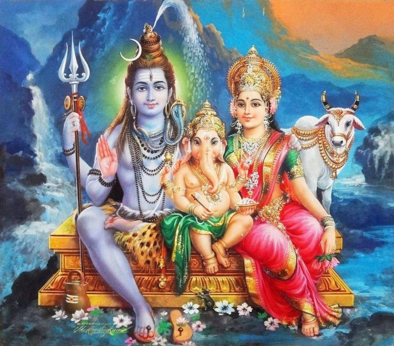 Lord Shiva Familie I Farverige Outfits Wallpaper