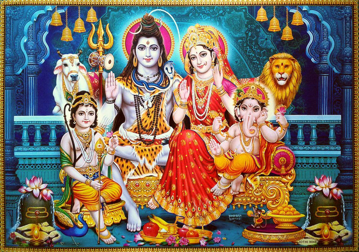 Lord Shiva Familie i Fancy Mansion Wallpaper Wallpaper