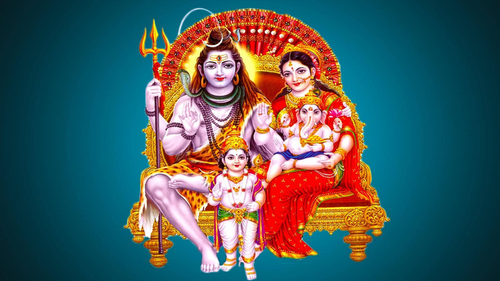 Familiadel Señor Shiva En Un Trono Rojo Fondo de pantalla