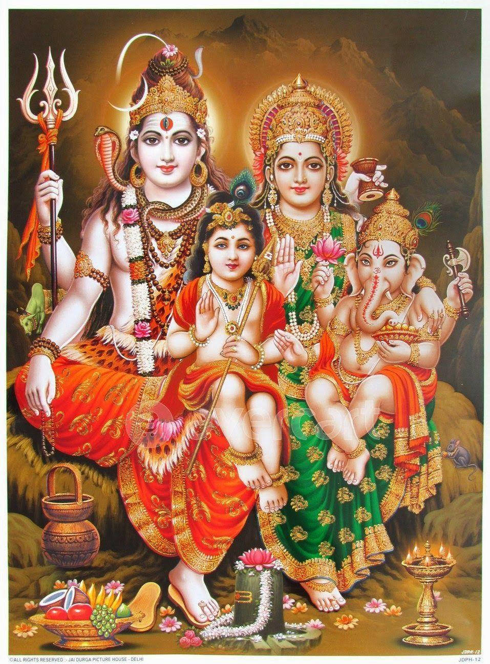 Familiadel Señor Shiva Con Coronas Brillantes. Fondo de pantalla