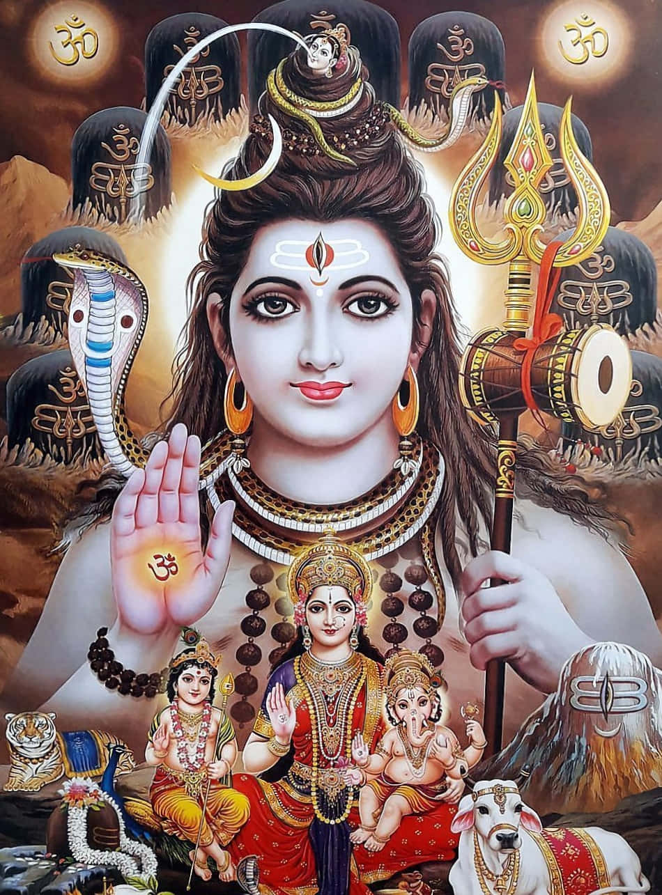Enmålning Av Guden Shiva Med Andra Gudar