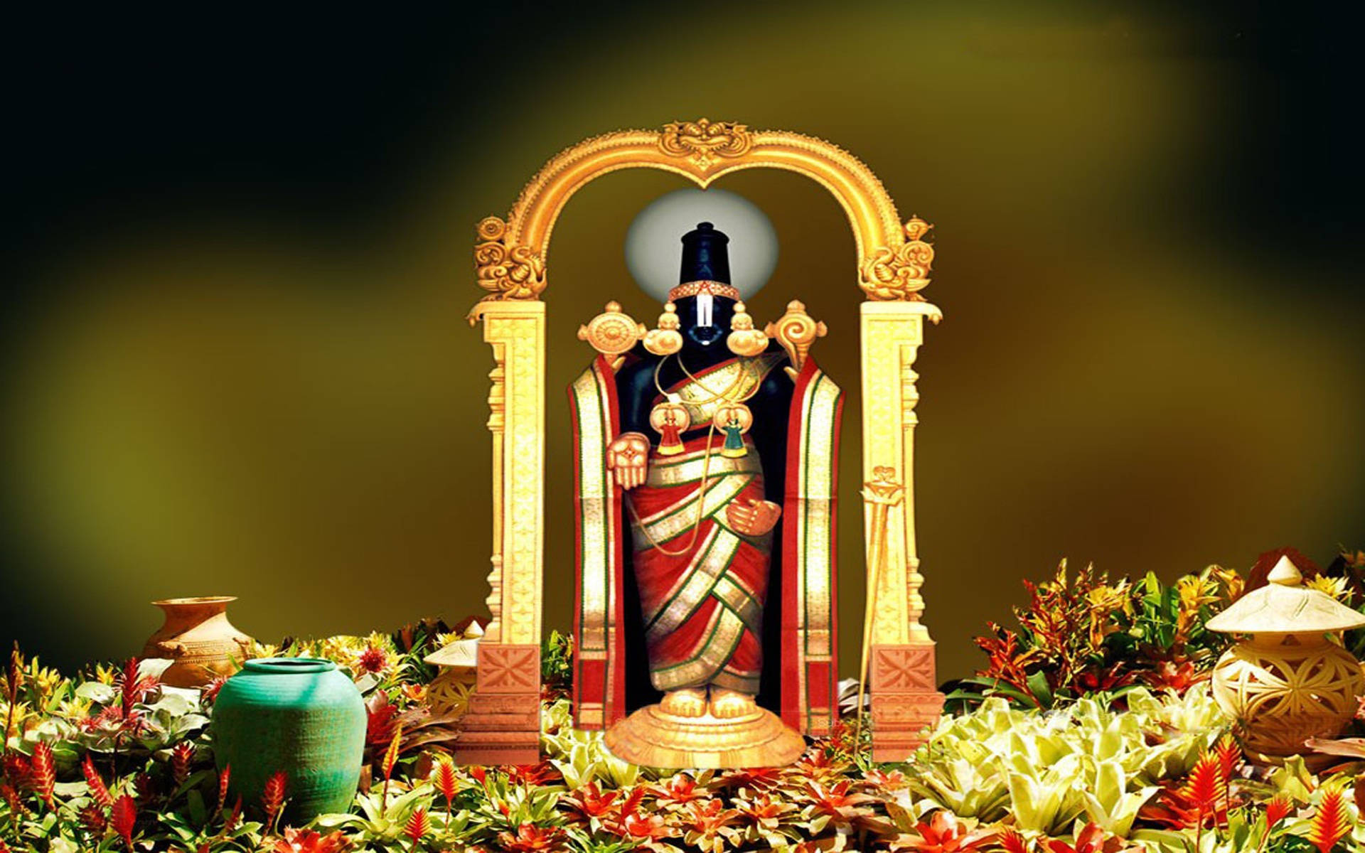 "Sacred Figure of Lord Venkateswara surrounded by Divine Flowers and Pots" Wallpaper