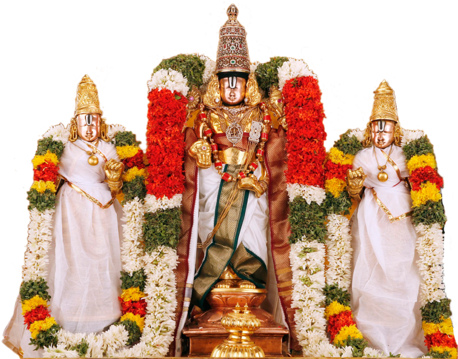 Lord Venkateswaraand Consorts Adornedwith Flowers PNG