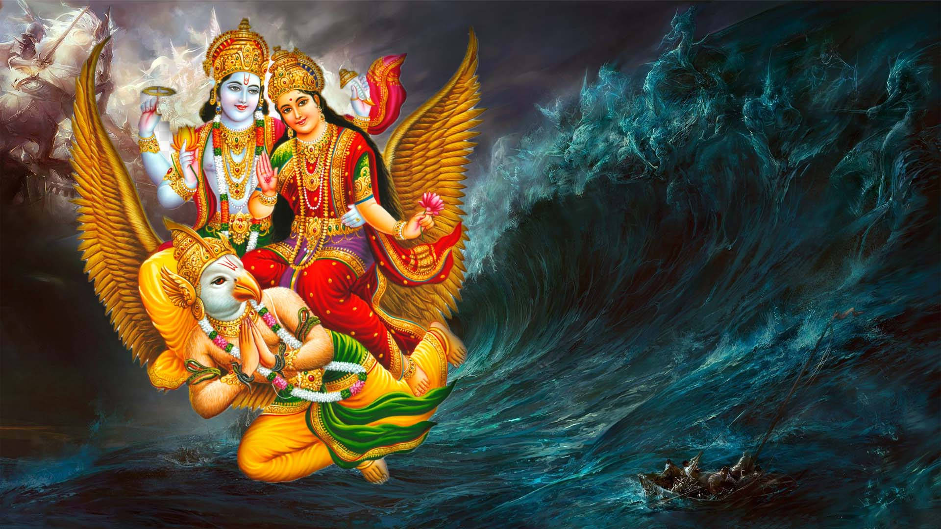 Lord Vishnu And Lakshmi Riding Garuda Background