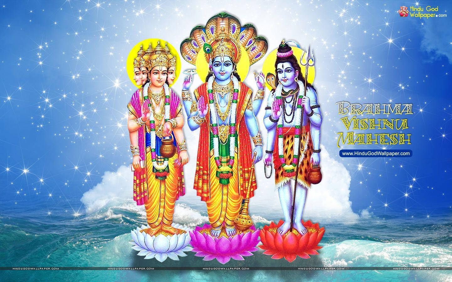 Download Lord Vishnu In Between Two Goddesses Wallpaper 