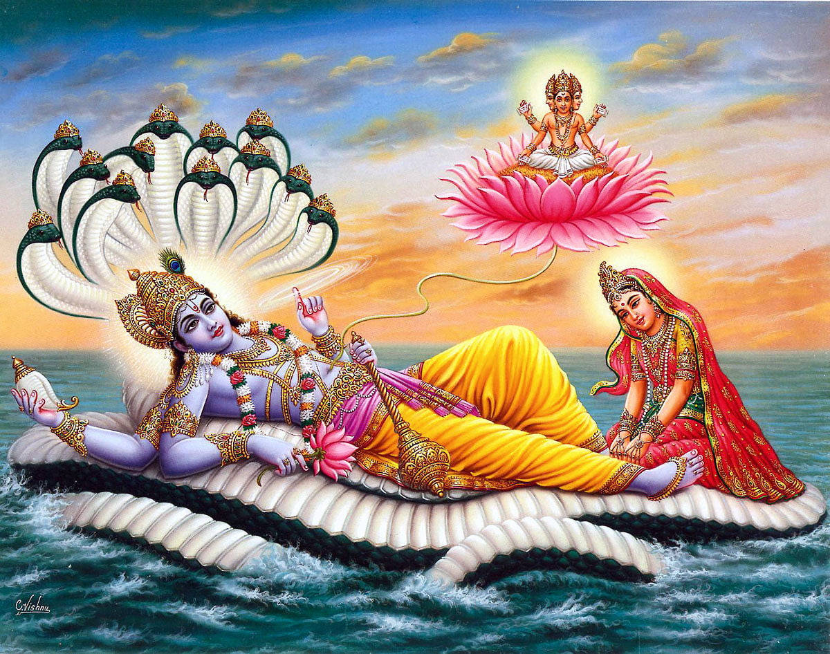 Lord Vishnu På Slangeseng Wallpaper