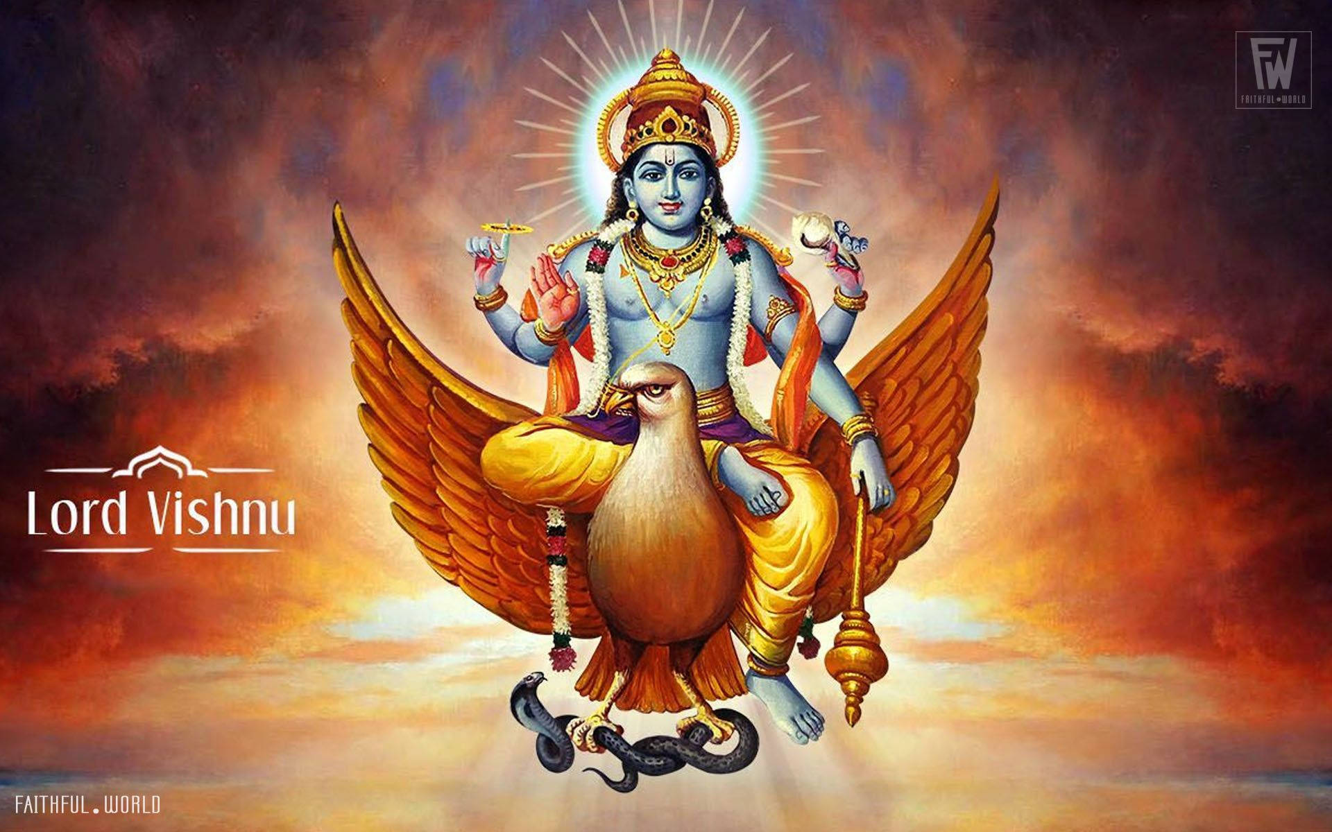 Lord Vishnu Riding On A Golden Garuda Picture