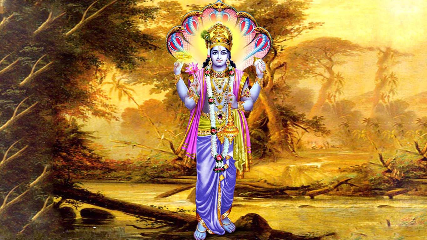 Lord Vishnu In Piedi Su Un Paesaggio Dorato Sfondo