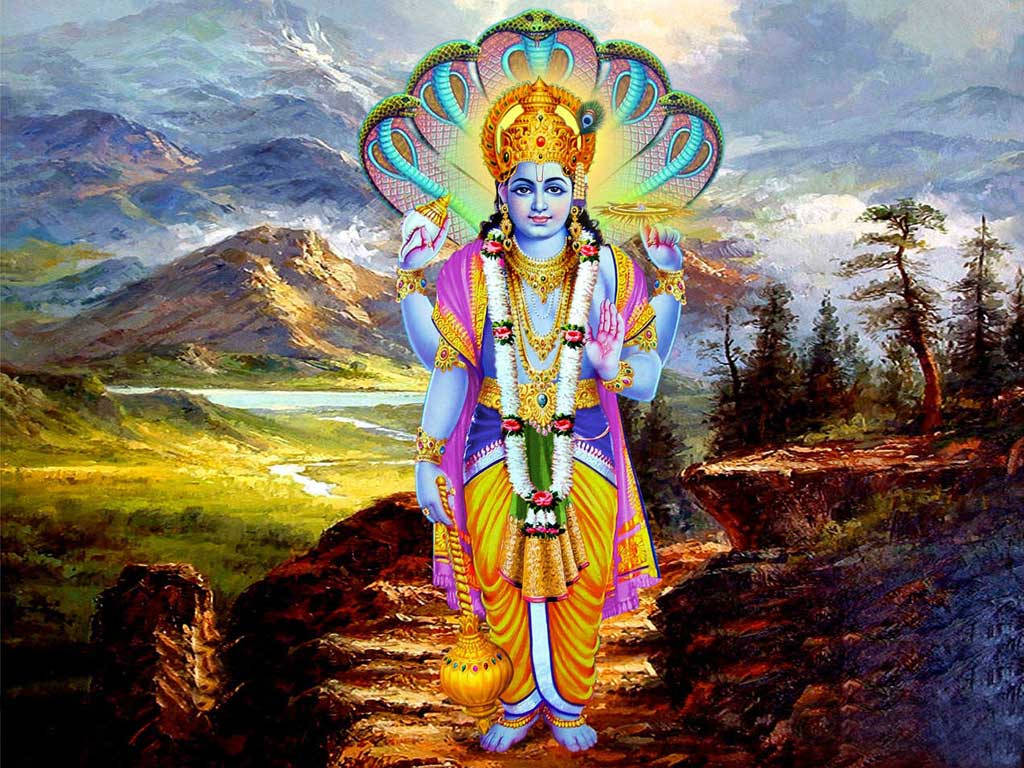 Lord Vishnu Stående På Et Bjerg Wallpaper