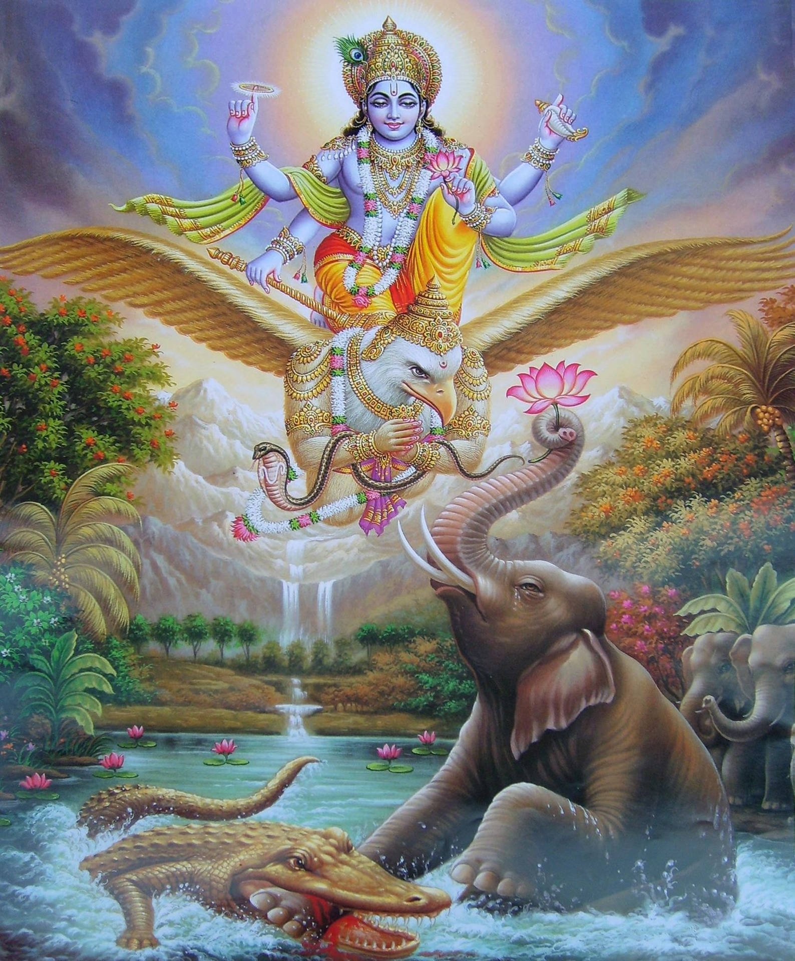 Divine Blessings: Lord Vishnu Receiving Flower Offering From Elephant Wallpaper