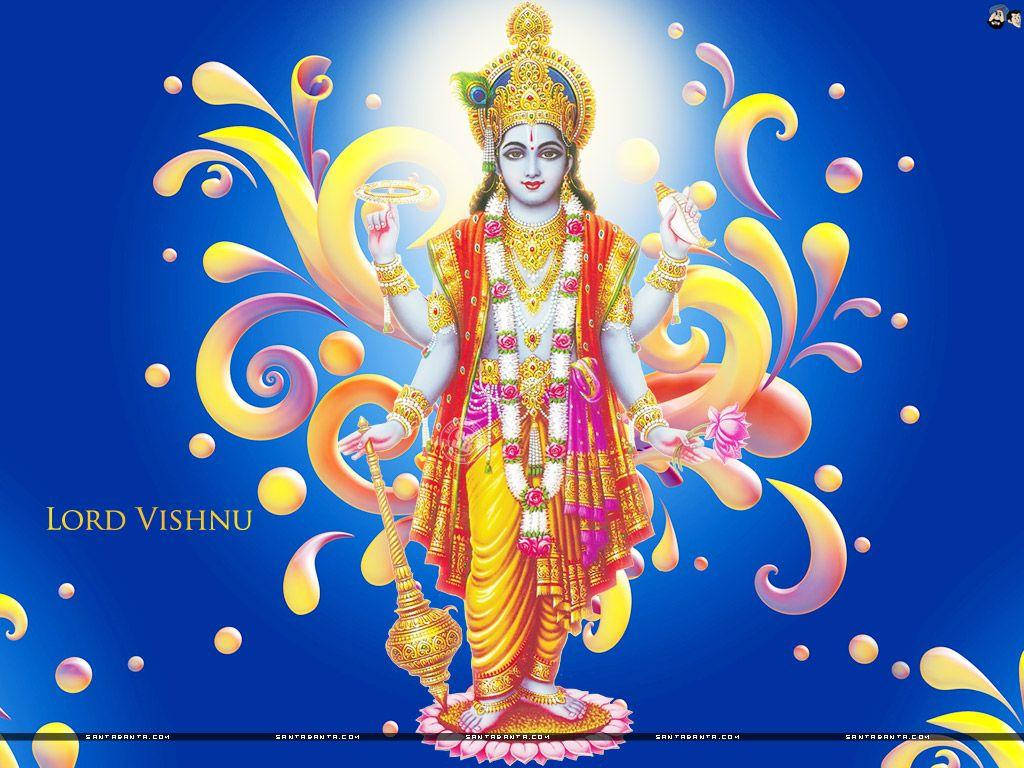 Lord Vishnu Med Blomsterkranser Wallpaper
