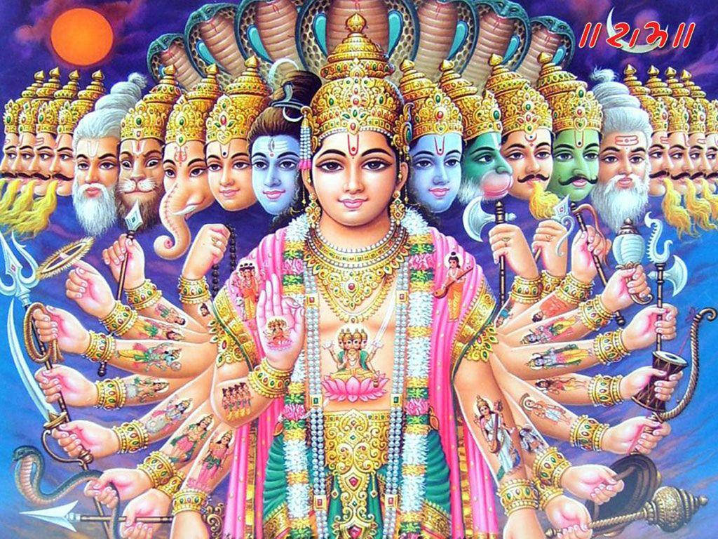 Lord Vishnu With Many Faces And Hands Wallpaper
