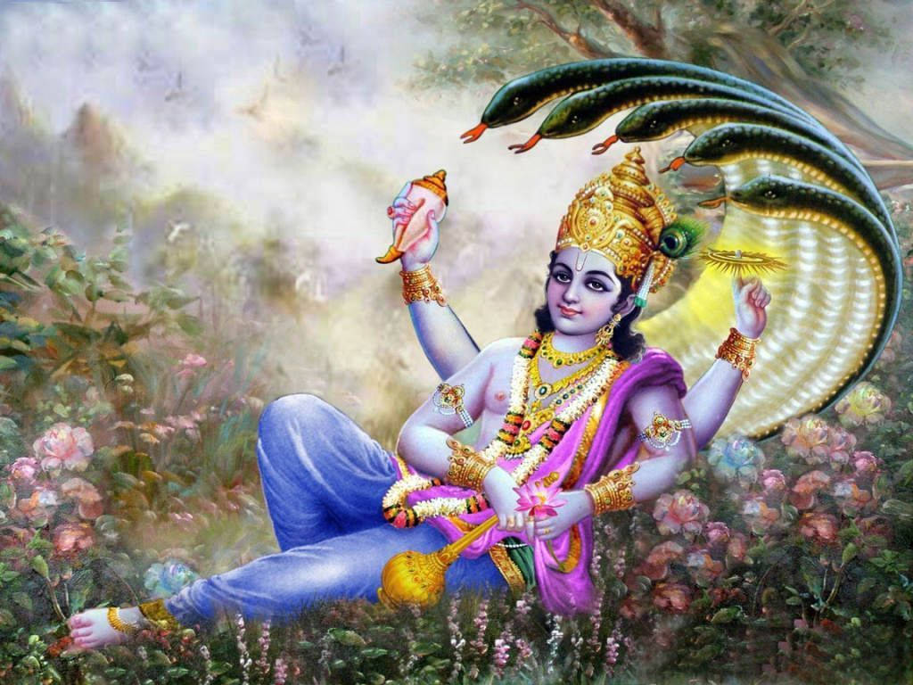 Lord Vishnu Con Serpente E Fiori Sfondo