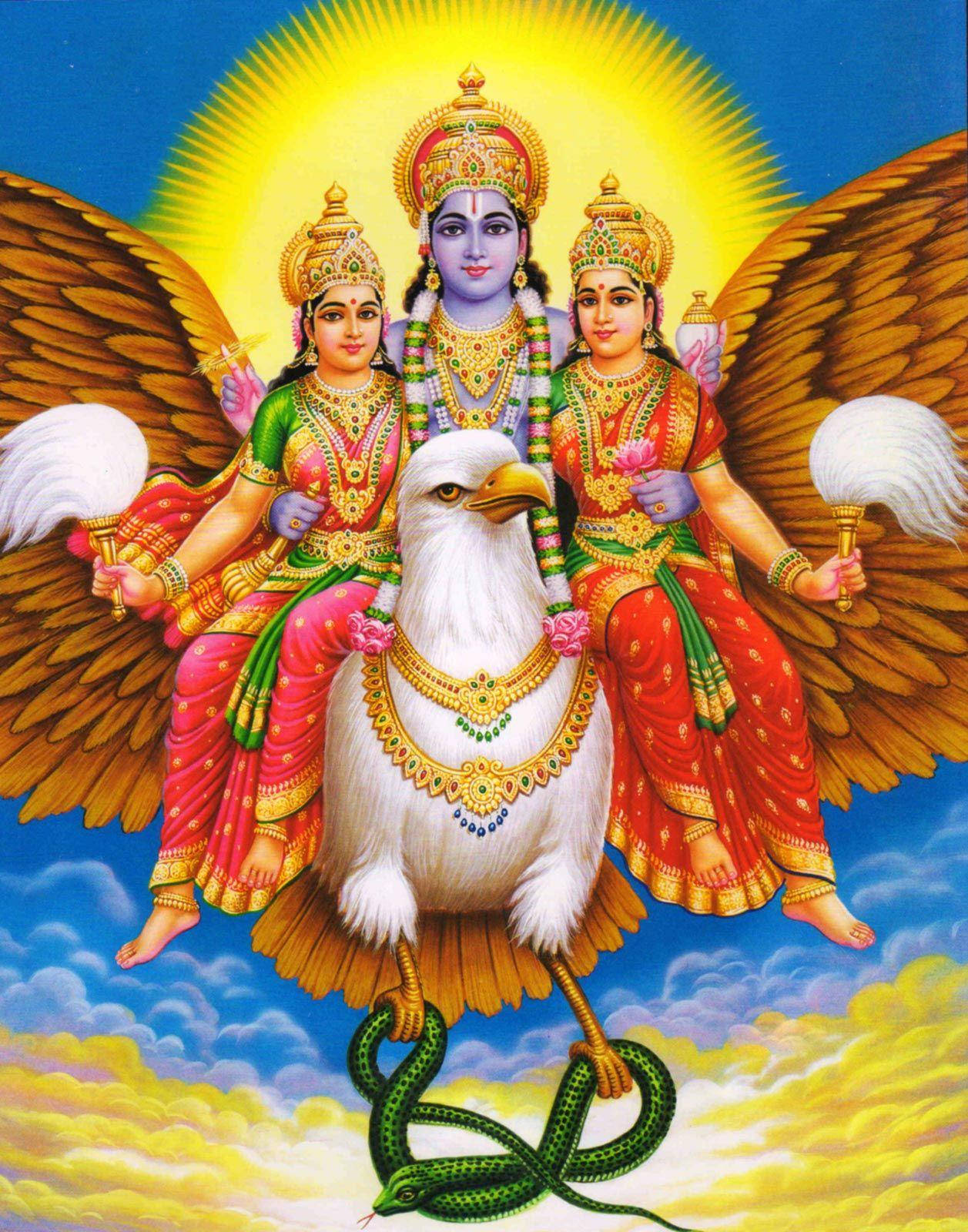 Download Lord Vishnu With Two Goddesses Wallpaper 