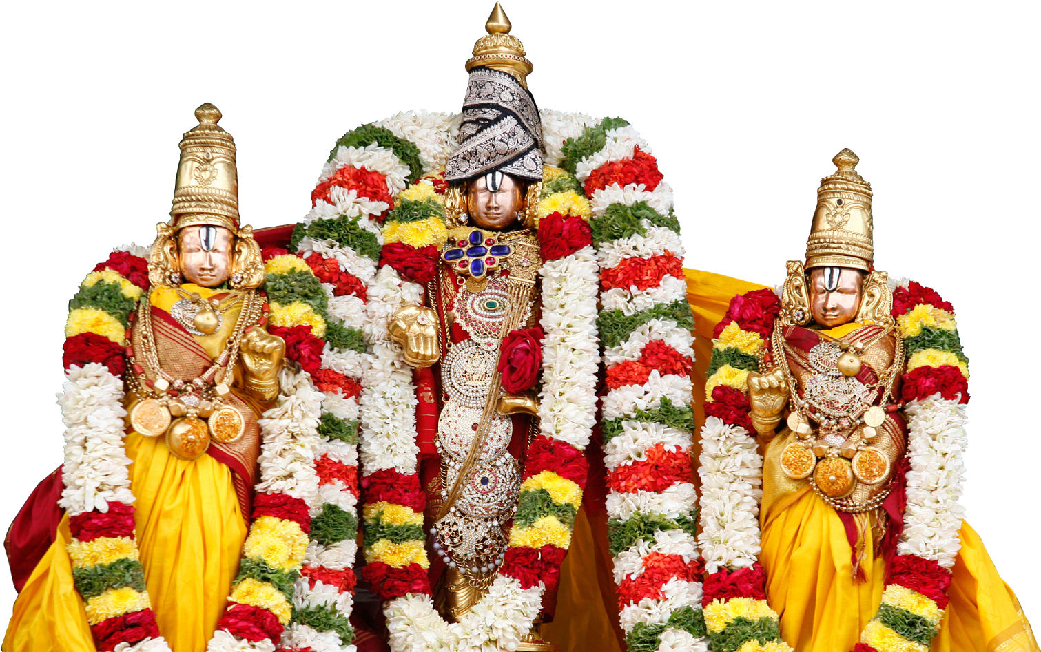 Lord_ Venkateswara_ And_ Consorts_ Adorned_ With_ Flowers PNG