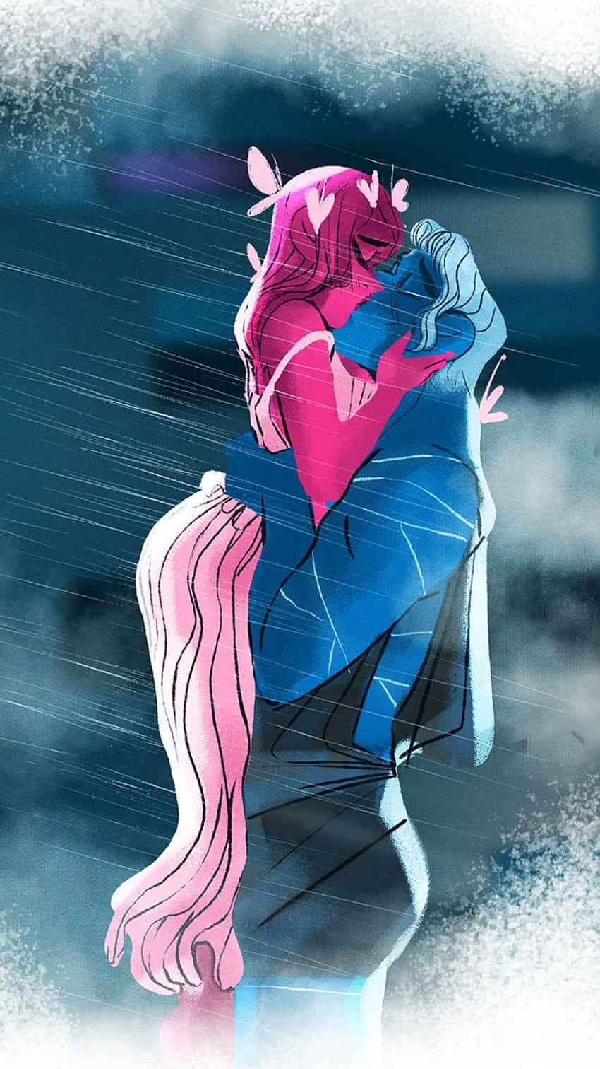 A Couple Of People Hugging In The Rain Wallpaper