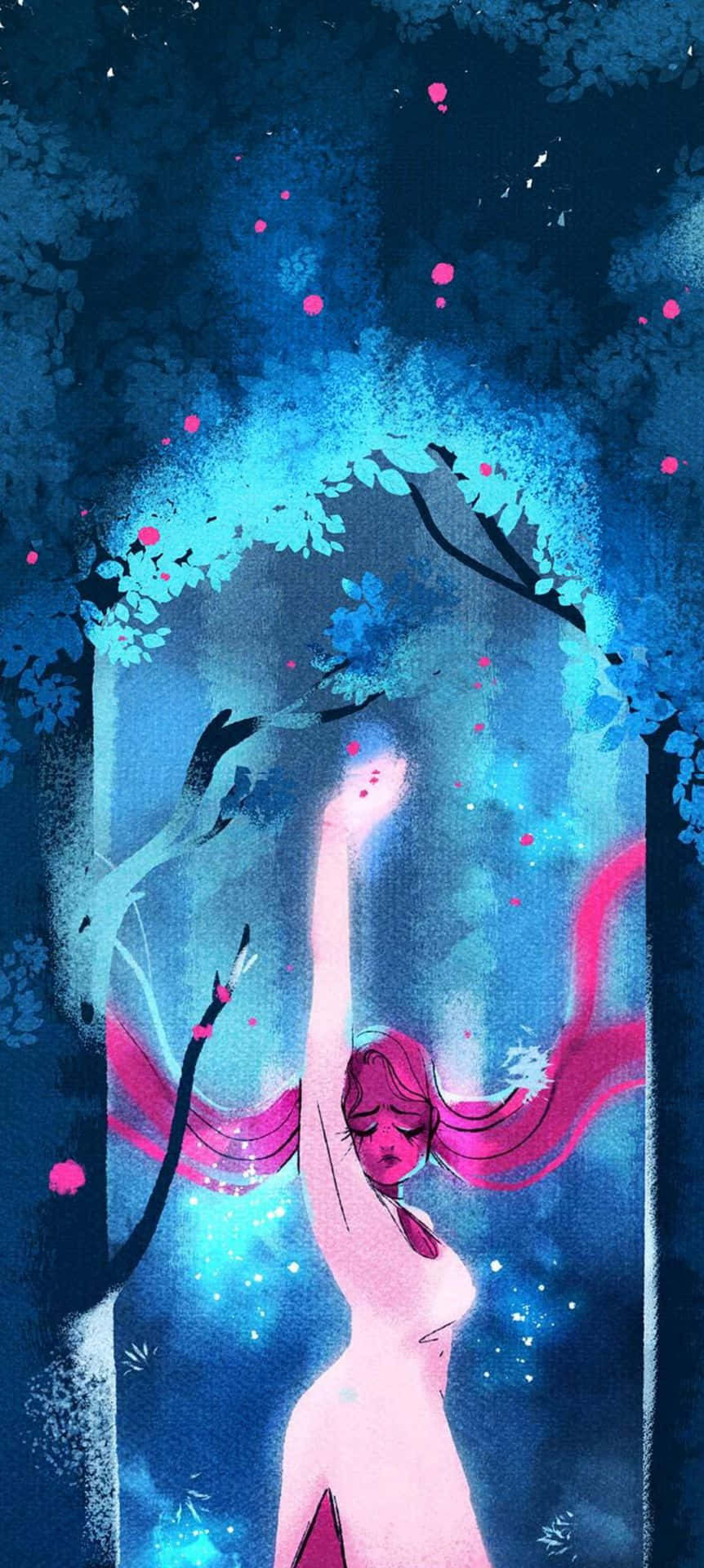 Einmädchen In Einem Rosa Kleid Steht In Einem Wald. Wallpaper